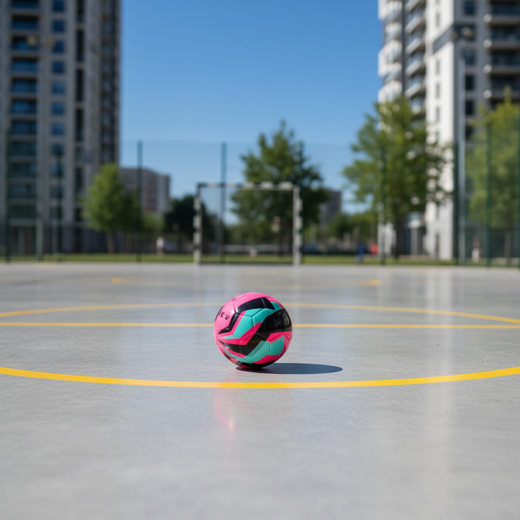 Balón fútbol sala Spirit rosa en pista exterior con cemento pulido