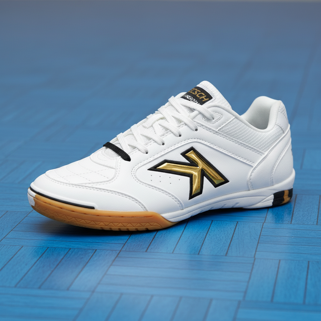 Zapatillas de fútbol sala sobre pista azul de vinilo