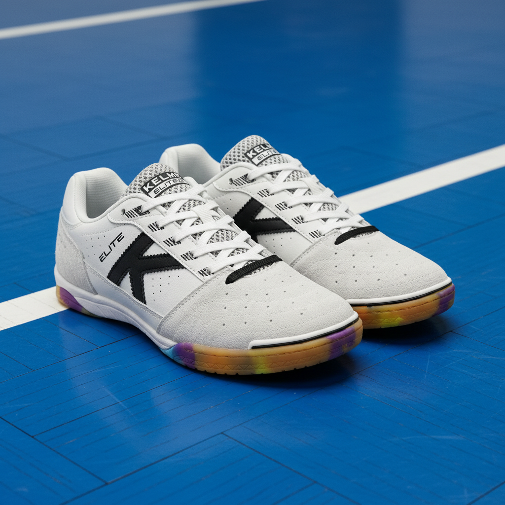 Zapatilla Elite Blanco sobre pista de fútbol sala con suelo de vinilo azul