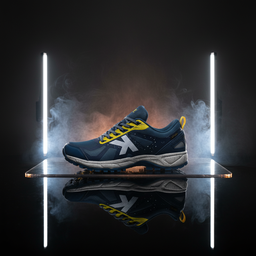 Zapatillas Running Track Marino en estudio con humo