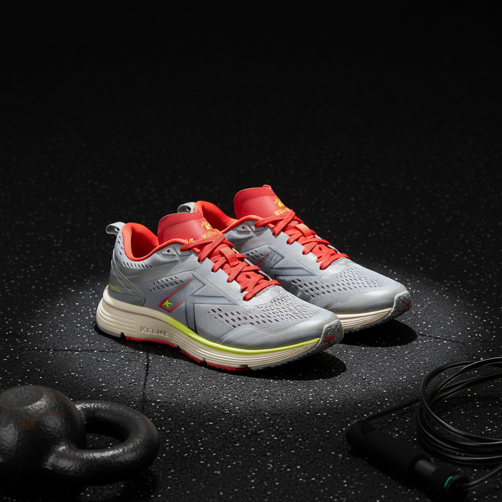 Zapatillas Running Valencia Gris en suelo de gimnasio