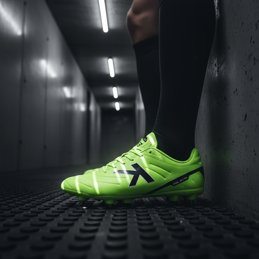 Botas de fútbol Selecta SG lima en túnel de vestuarios