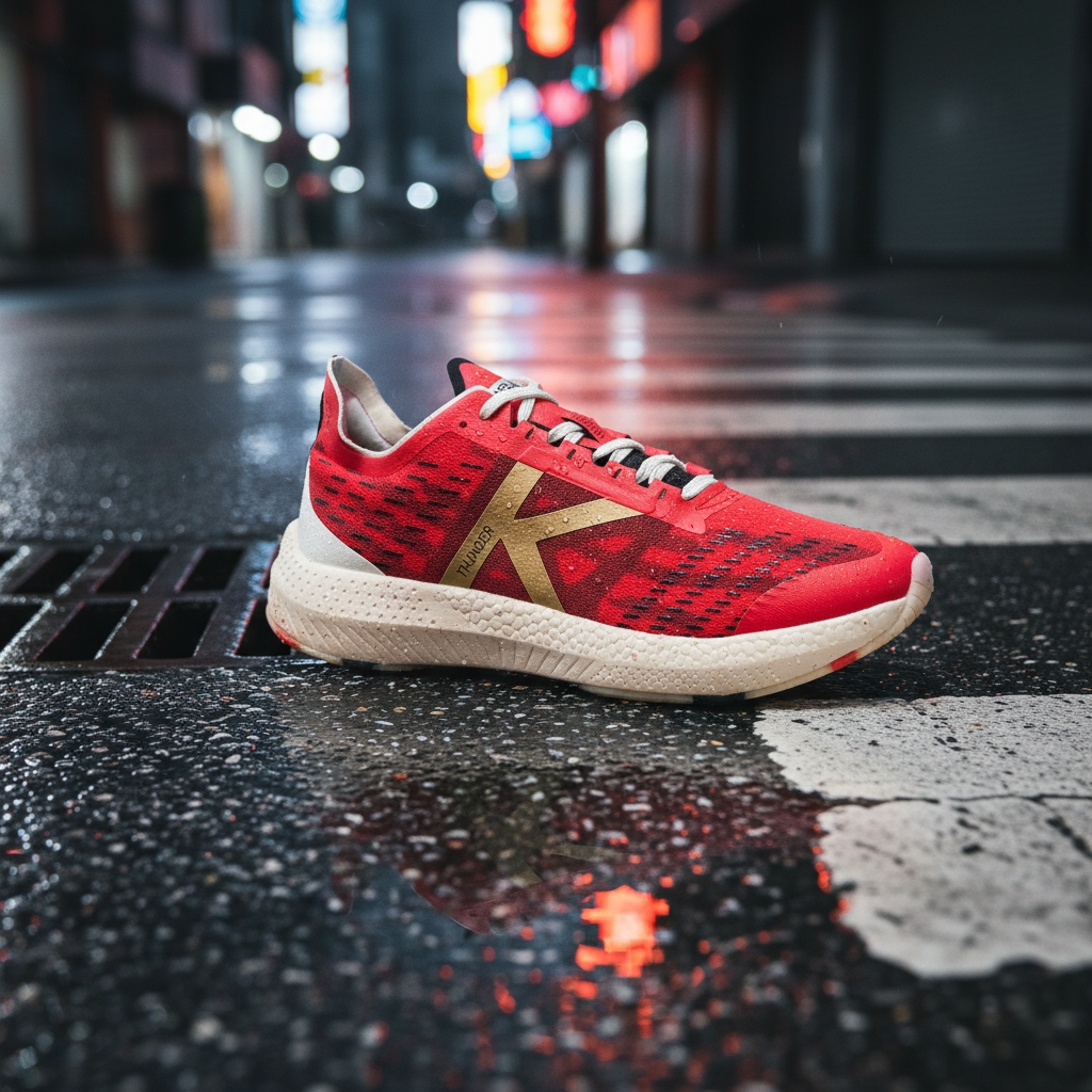 Zapatillas Running Thunderstorm Rojo sobre asfalto húmedo tras la lluvia