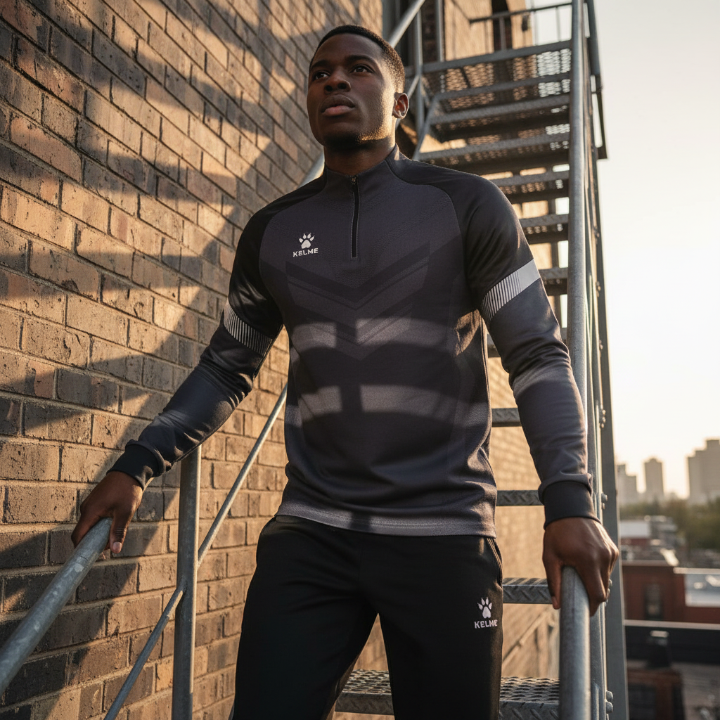 Sudadera KELME Warrior Gris en escalera metálica de emergencia