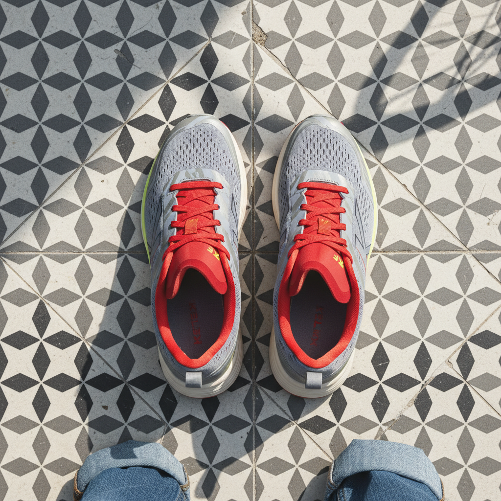 Zapatillas Running Valencia Gris sobre baldosa hidráulica