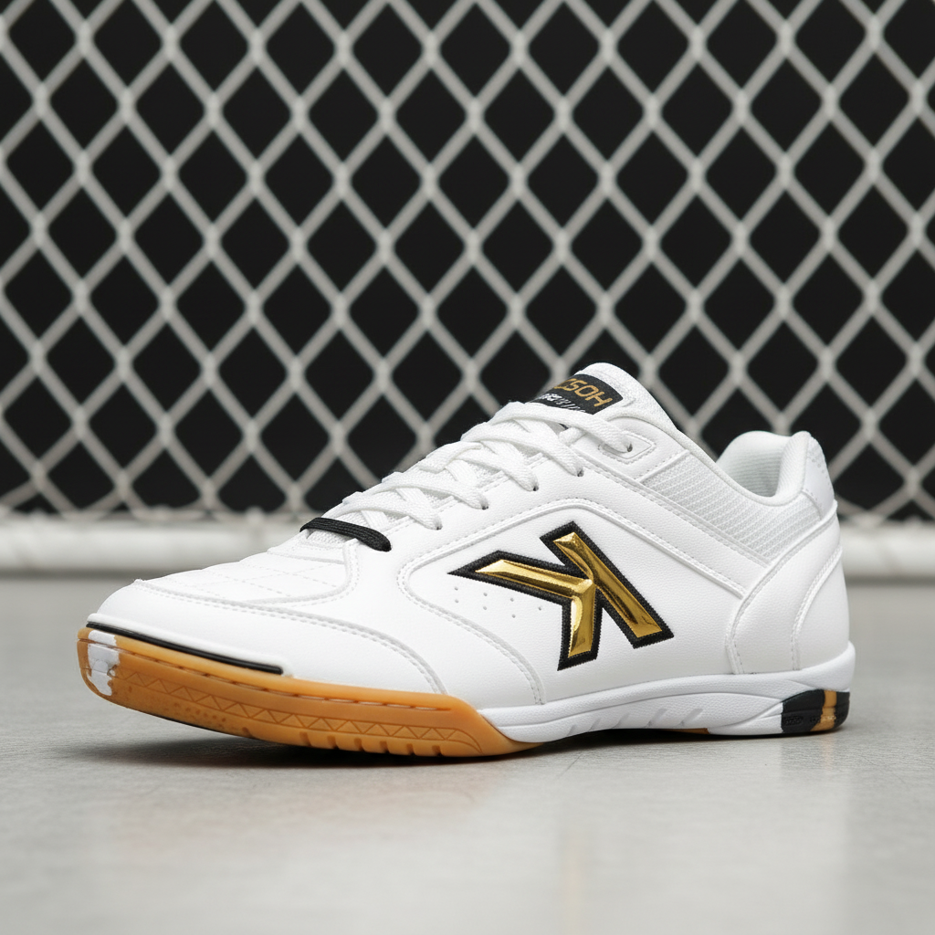 Zapatillas de fútbol sala con red de portería de fondo