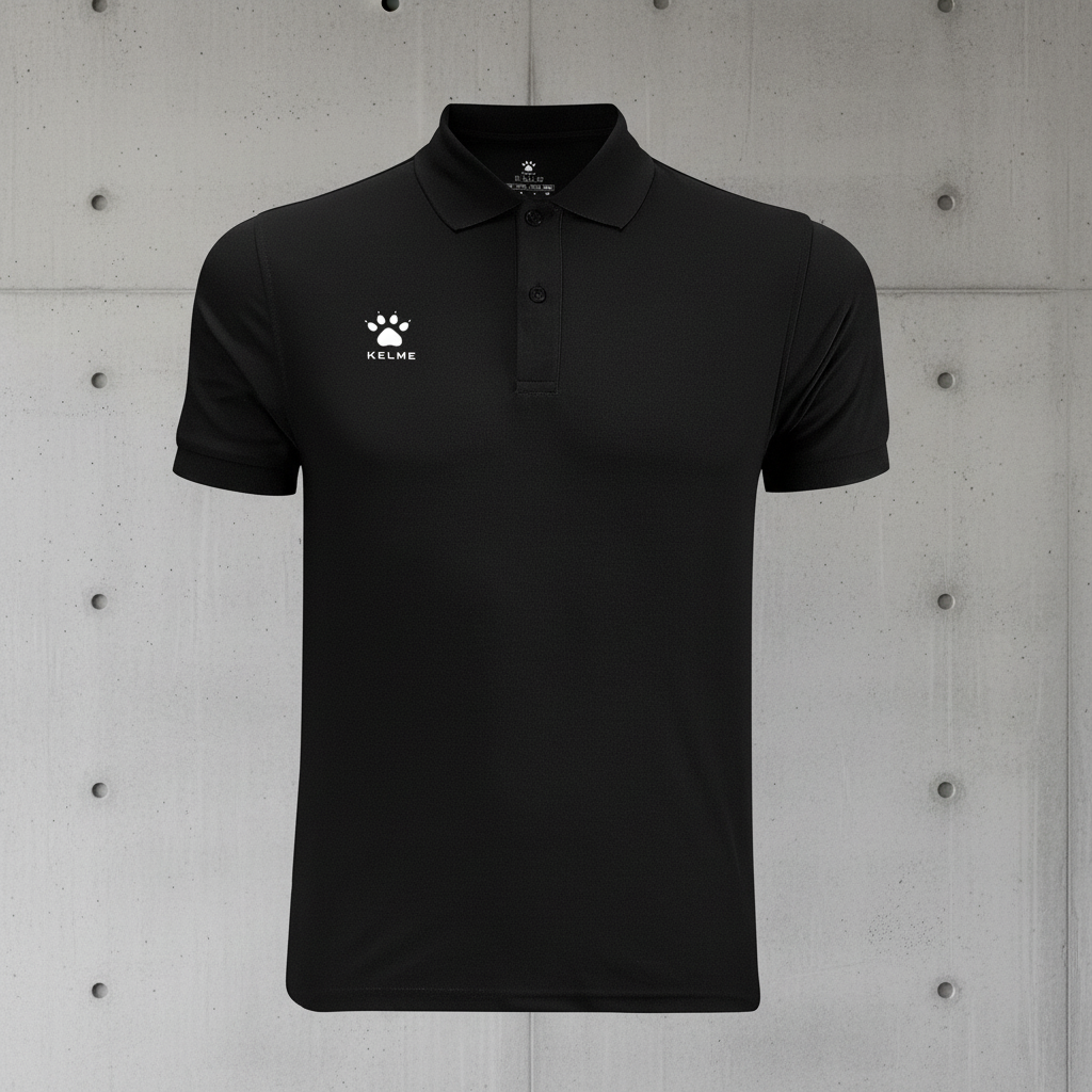 Polo KELME Street Negro sobre muro de hormigón brutalista