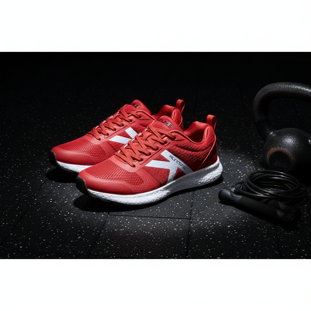 Zapatillas K-ROOKIE ROJO sobre suelo de caucho de gimnasio con iluminación dramática