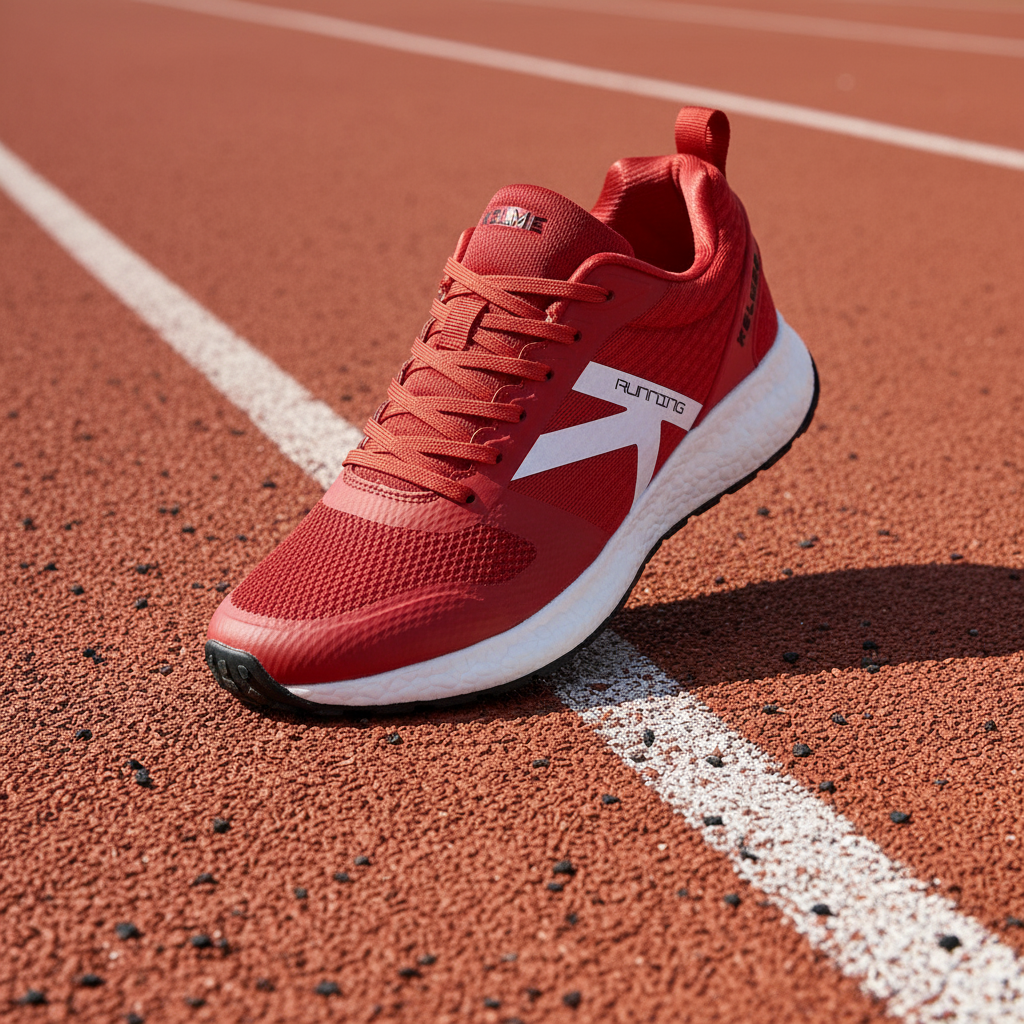 Zapatillas K-ROOKIE ROJO en pista de tartán terracota con luz solar directa