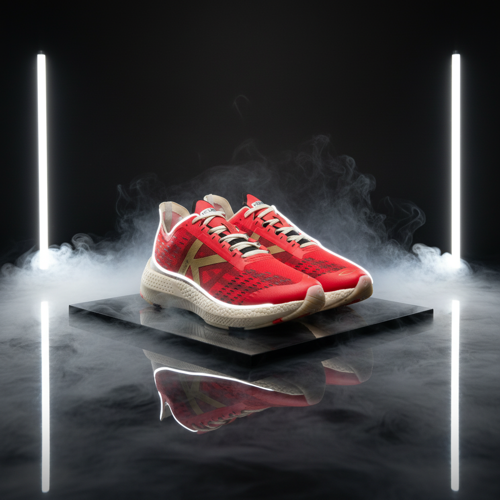 Zapatillas Running Thunderstorm Rojo en estudio con humo