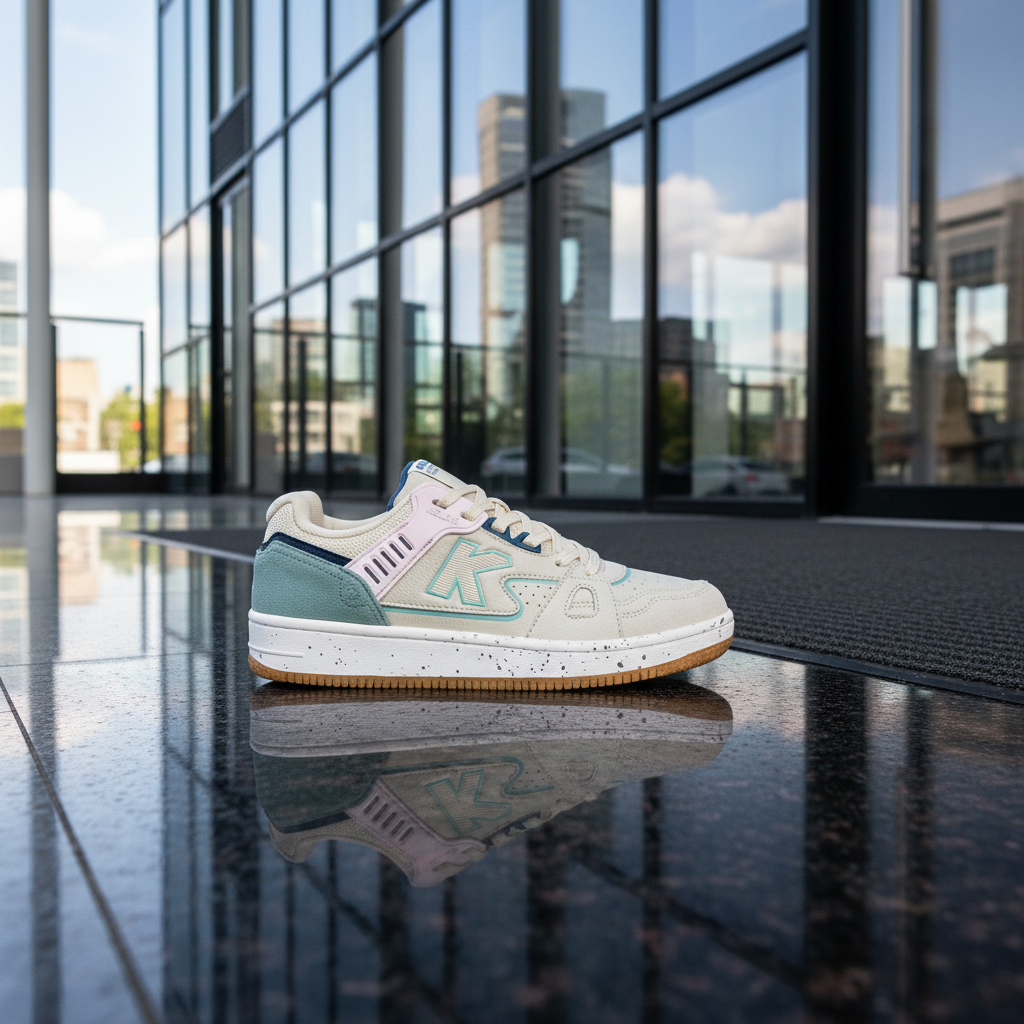 Zapatillas Casual Doha Marrón en entrada de edificio moderno de vidrio