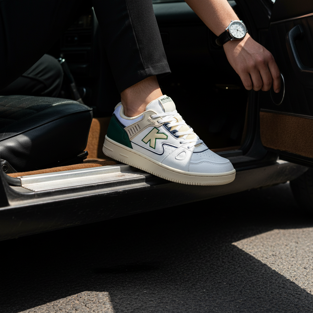 Zapatillas casual Doha blanco saliendo de coche clásico vintage