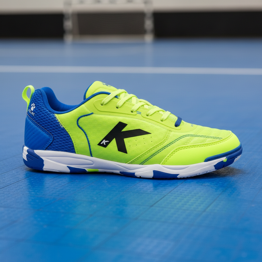 Zapatilla de fútbol sala sobre pista de vinilo azul