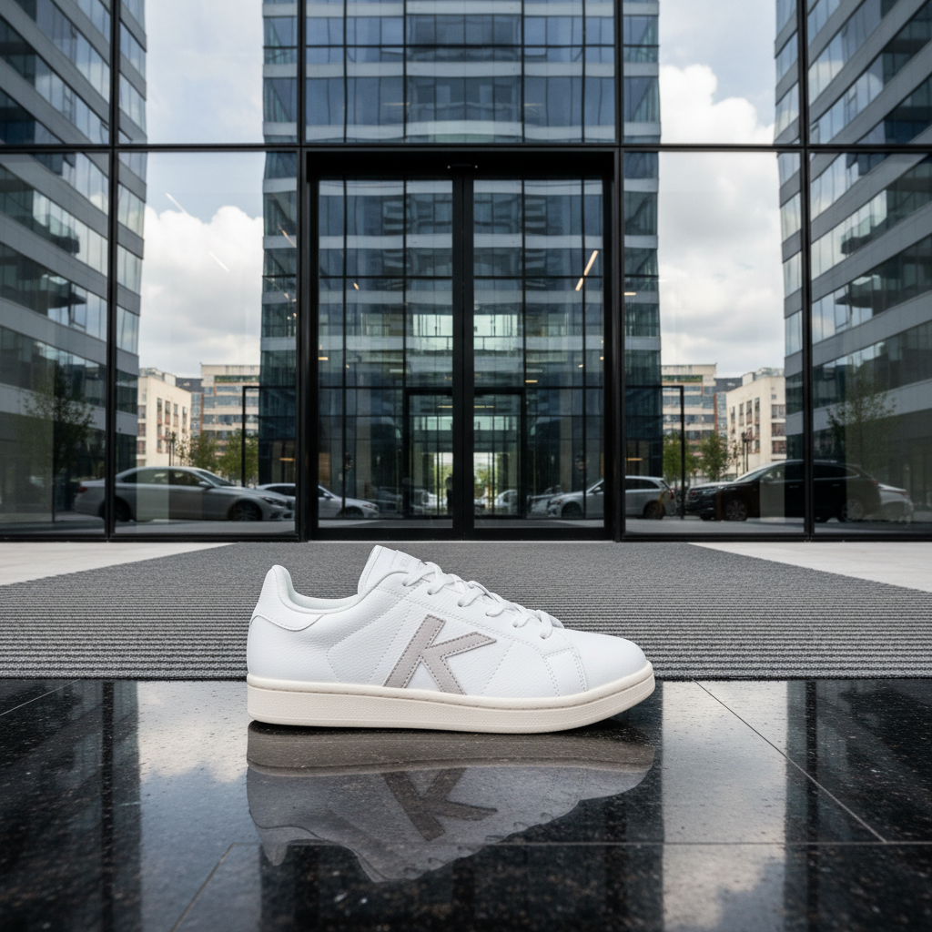 Zapatillas Kelme Omaha 2.0 en entrada de edificio moderno de vidrio
