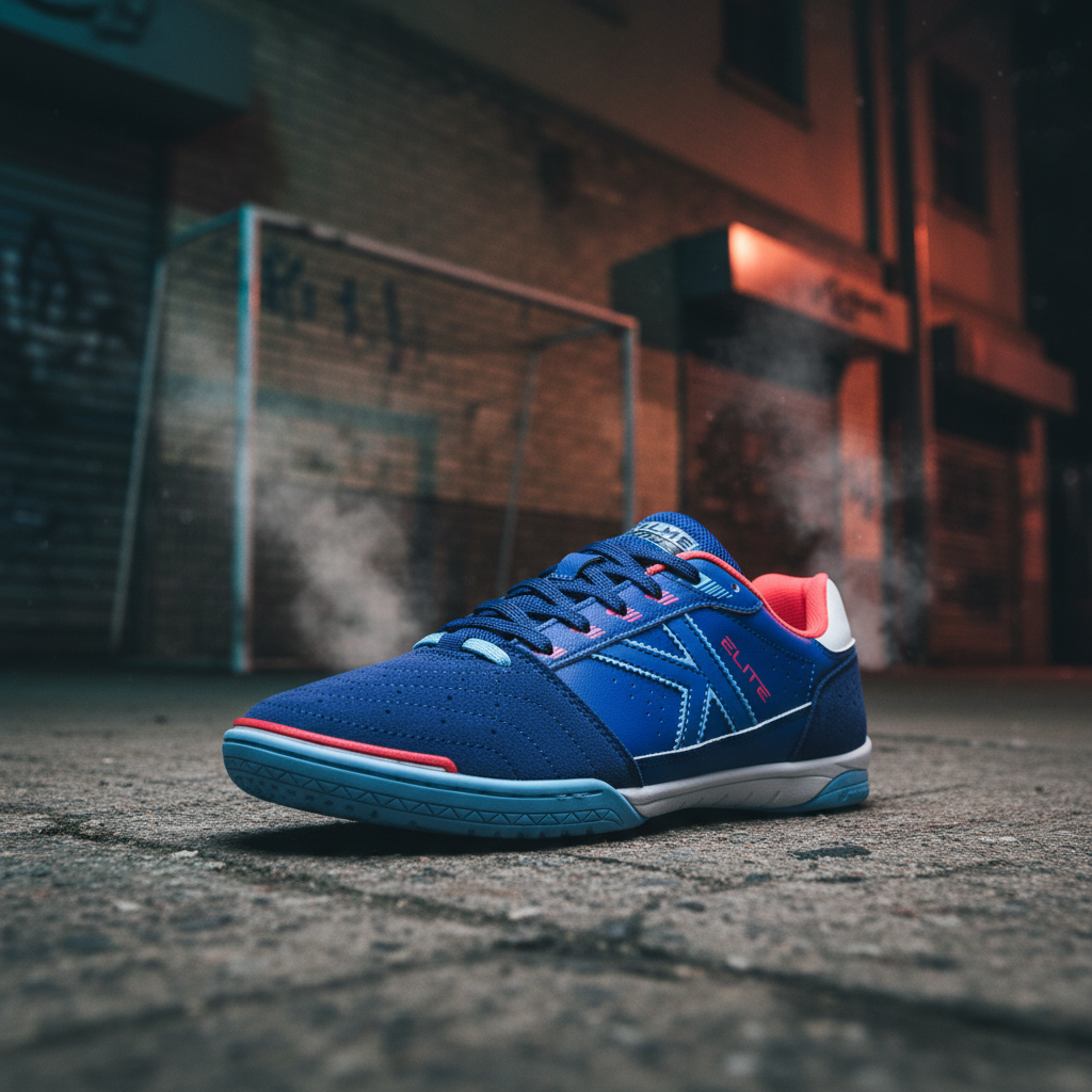 Zapatillas de fútbol sala Elite azul en ambiente urbano nocturno
