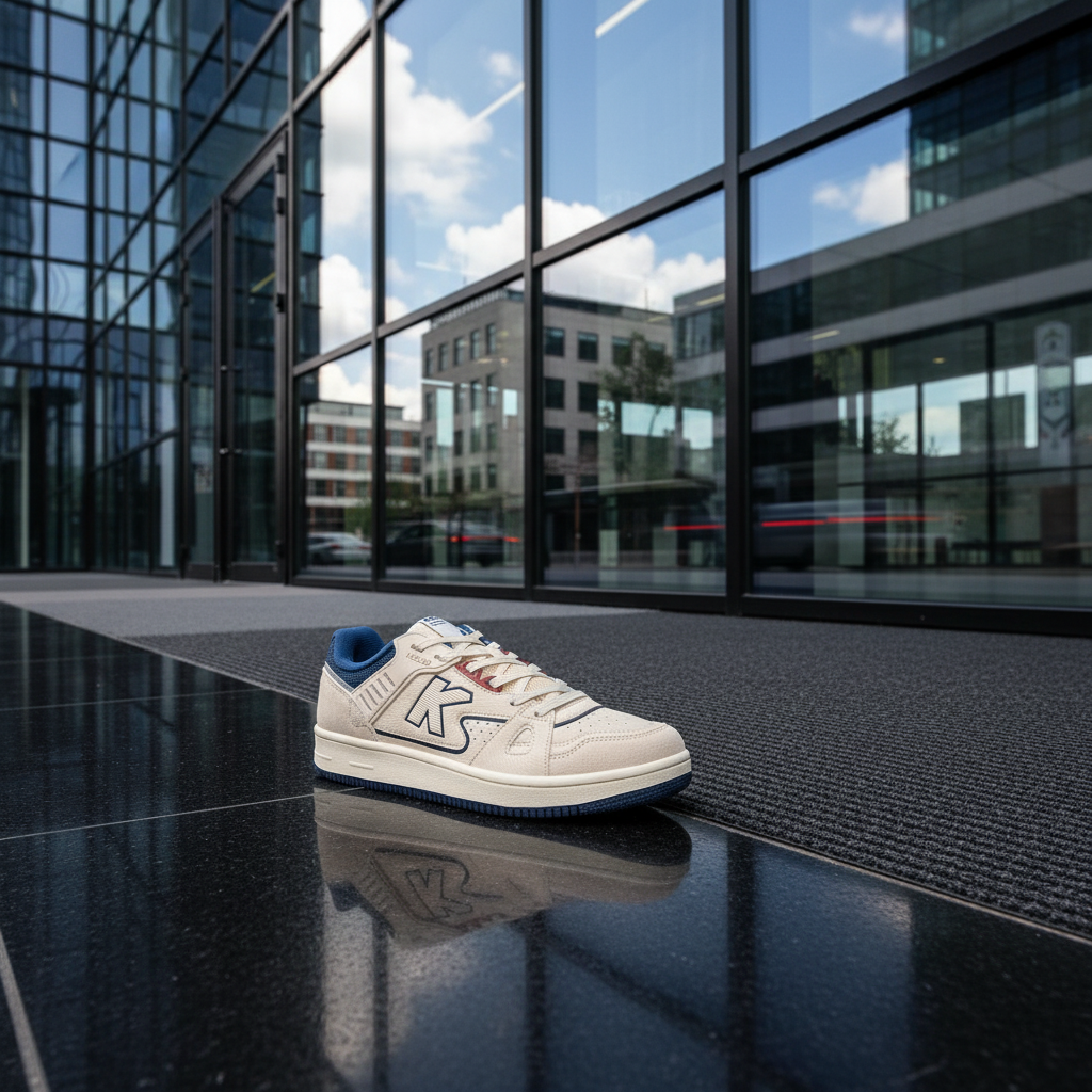 Zapatillas Casual Doha Beige en entrada de edificio moderno de vidrio