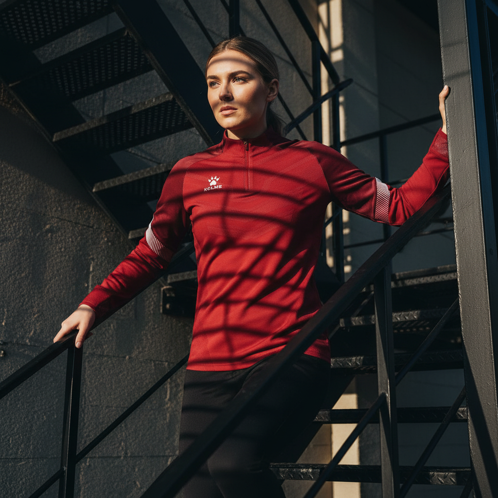 Sudadera KELME Warrior Rojo en escalera metálica de emergencia