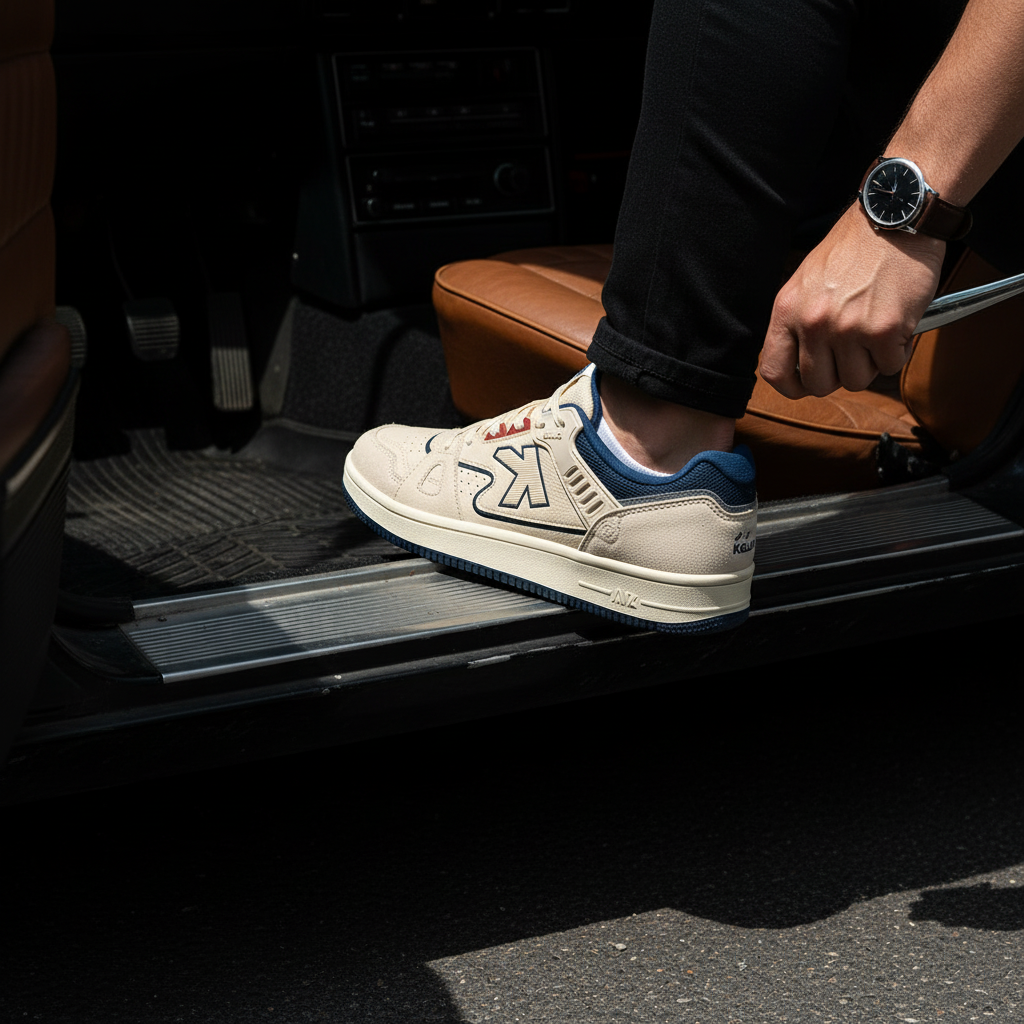 Zapatillas Casual Doha Beige saliendo de coche clásico vintage