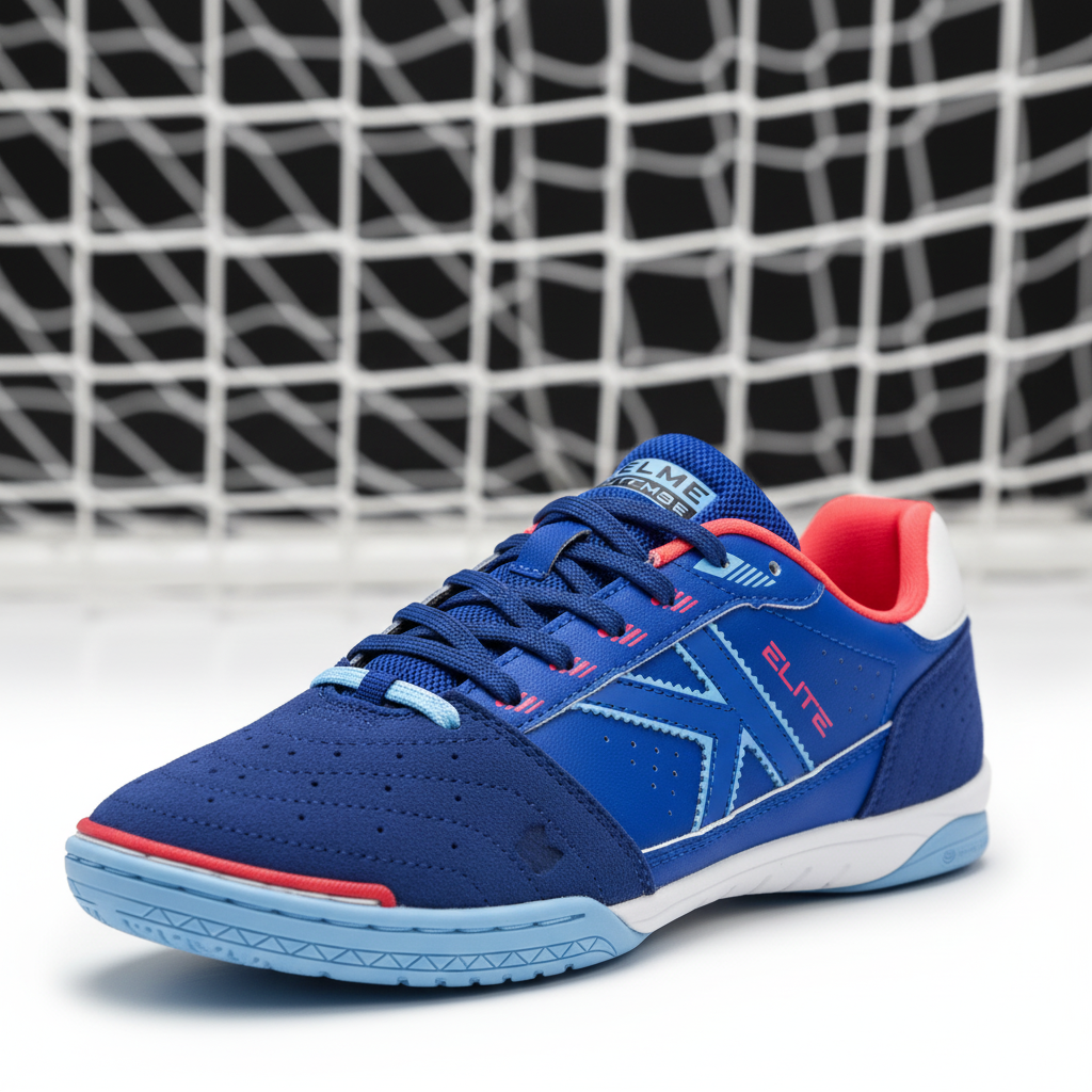 Zapatillas de fútbol sala Elite azul con red de portería al fondo