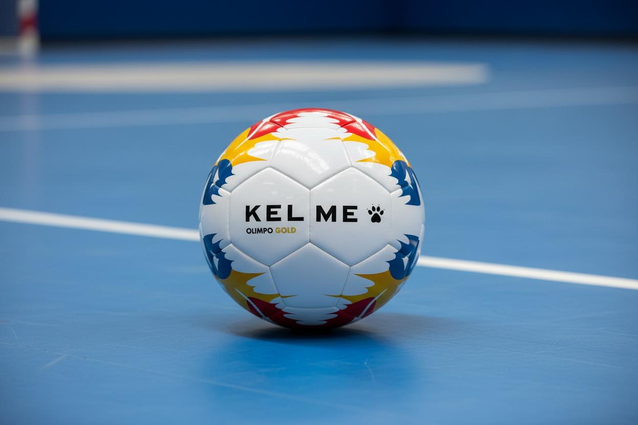 Balón Fútbol Sala Olimpo Gold Blanco en pista de fútbol sala azul