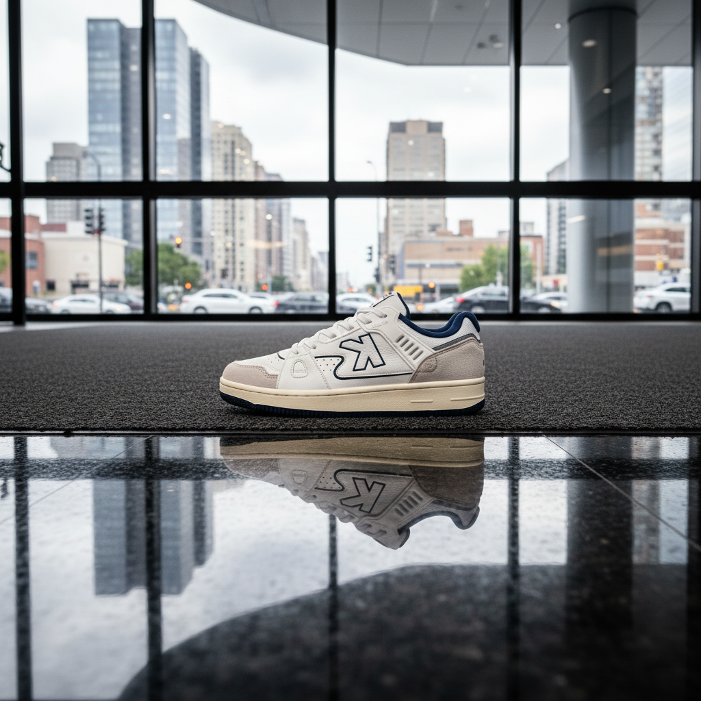 Zapatillas Casual Doha Blanco en entrada de edificio moderno de vidrio