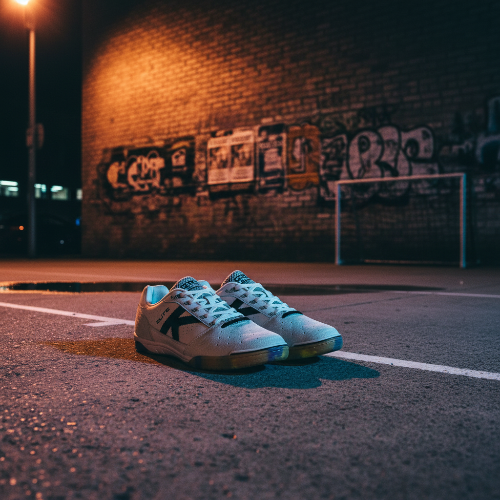 Zapatilla Elite Blanco en ambiente urbano nocturno sobre asfalto con portería de fondo