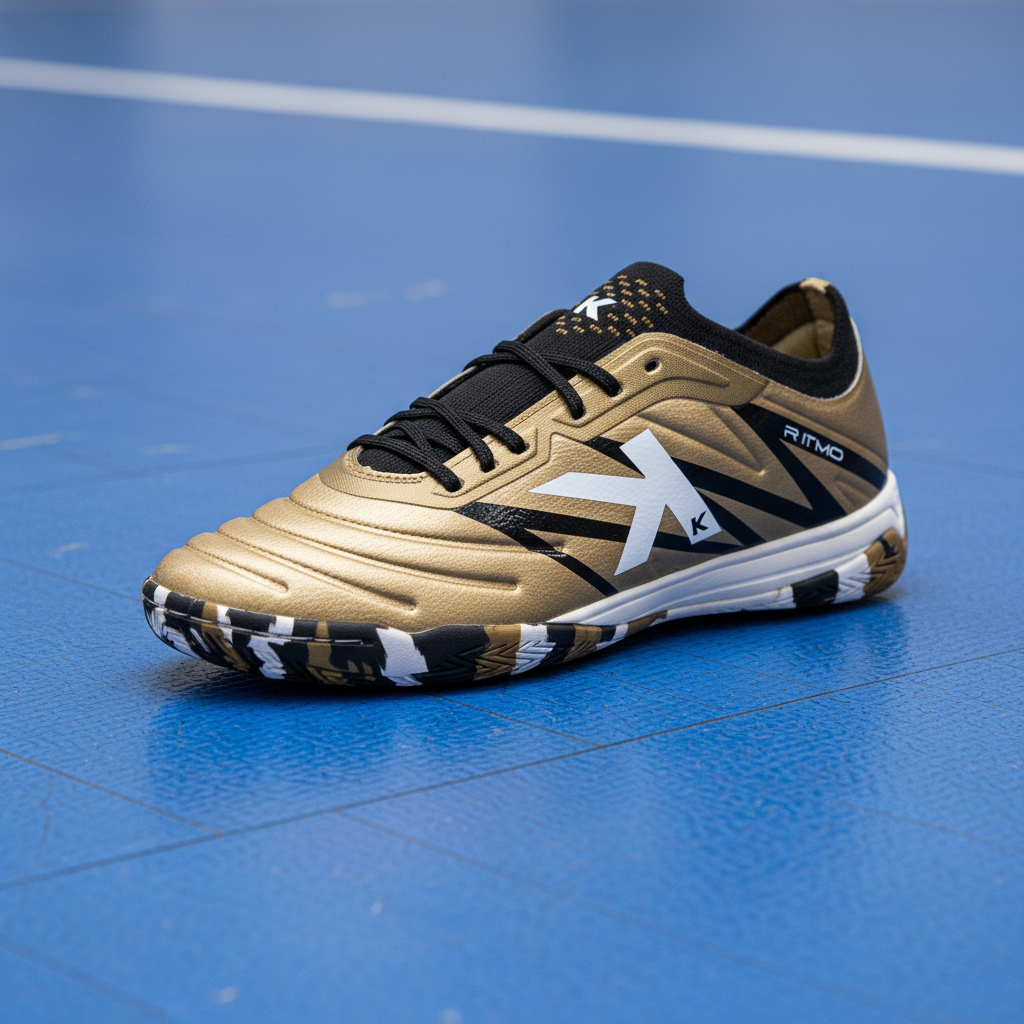 Zapatilla de fútbol sala Ritmo Oro sobre pista de vinilo azul