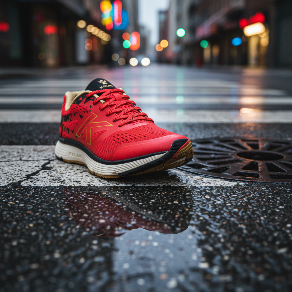 Zapatillas Running Barcelona Rojo en asfalto húmedo tras la lluvia