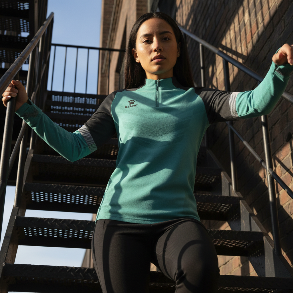 Sudadera KELME Warrior Verde en escalera metálica de emergencia