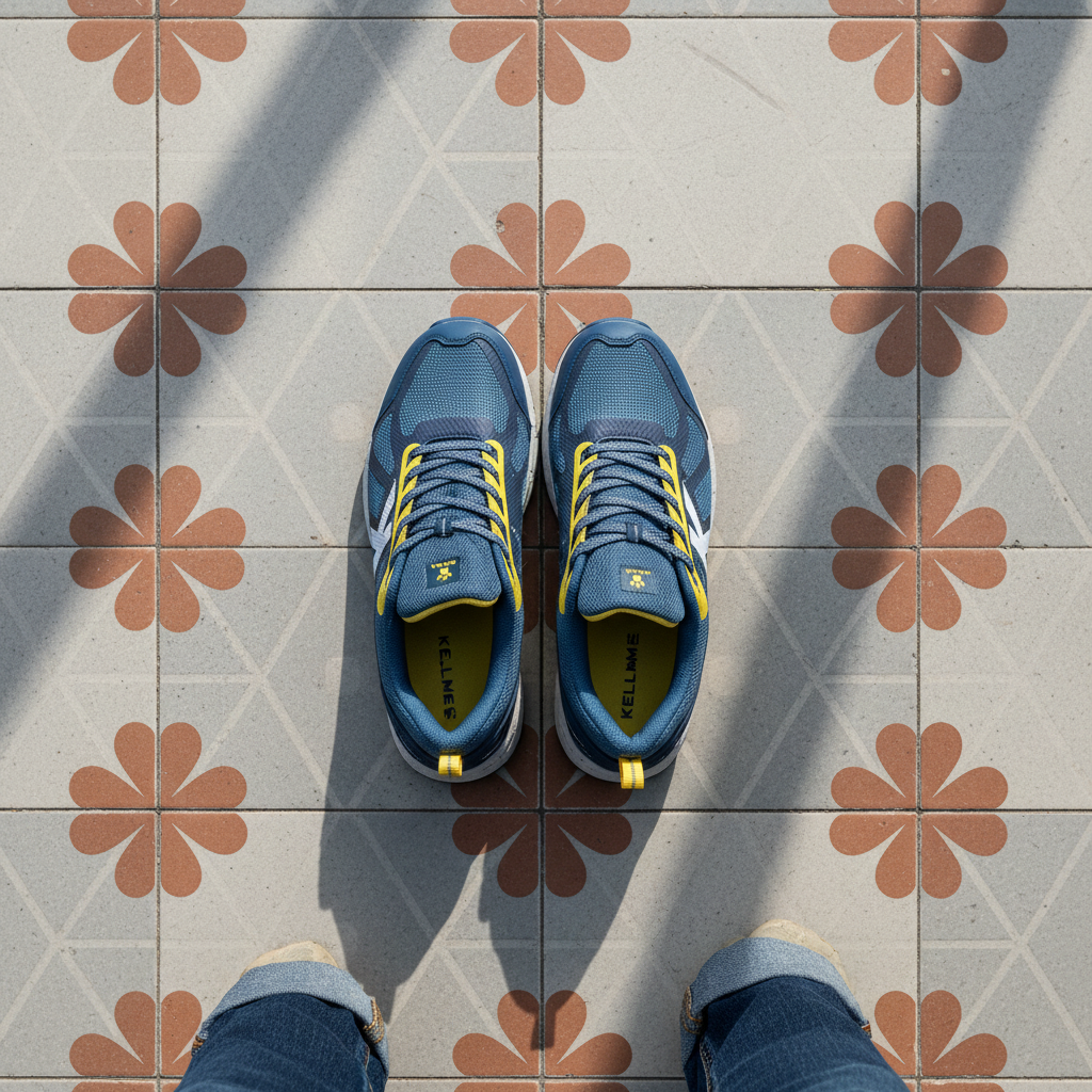 Zapatillas Running Track Marino sobre baldosa hidráulica barcelonesa