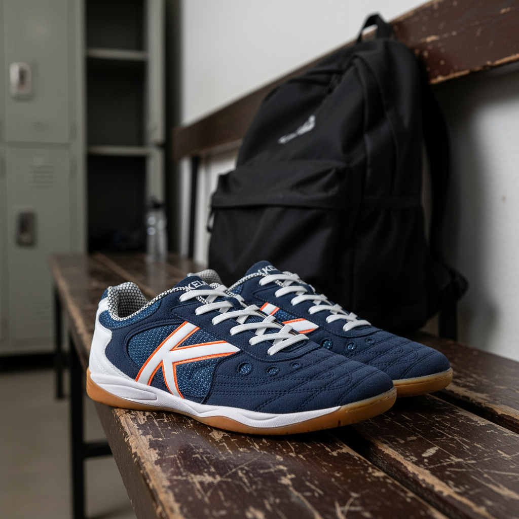 Zapatillas de fútbol sala Indoor Copa en vestuario sobre banco de madera