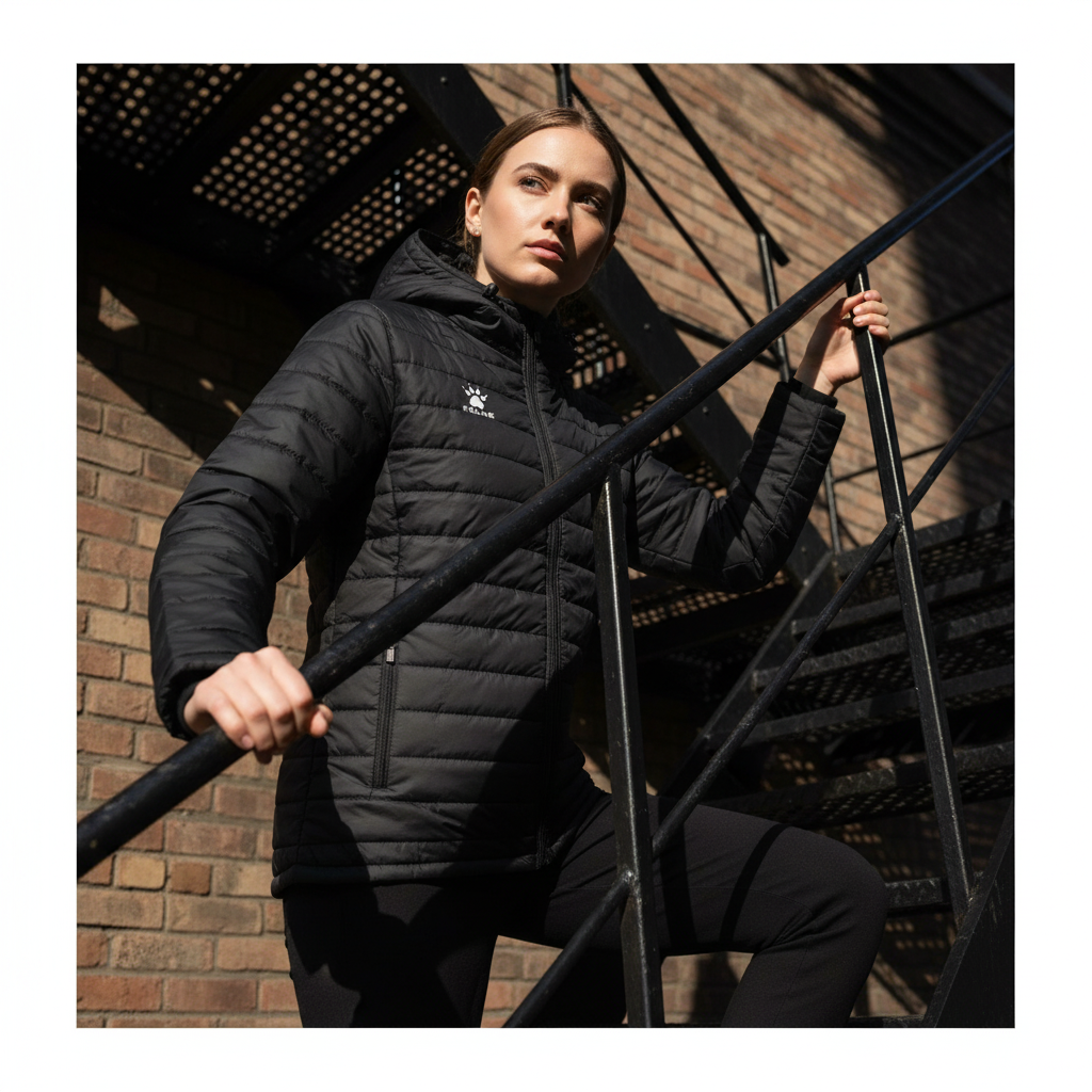 Chaqueta KELME Snow Negro en escalera metálica de emergencia