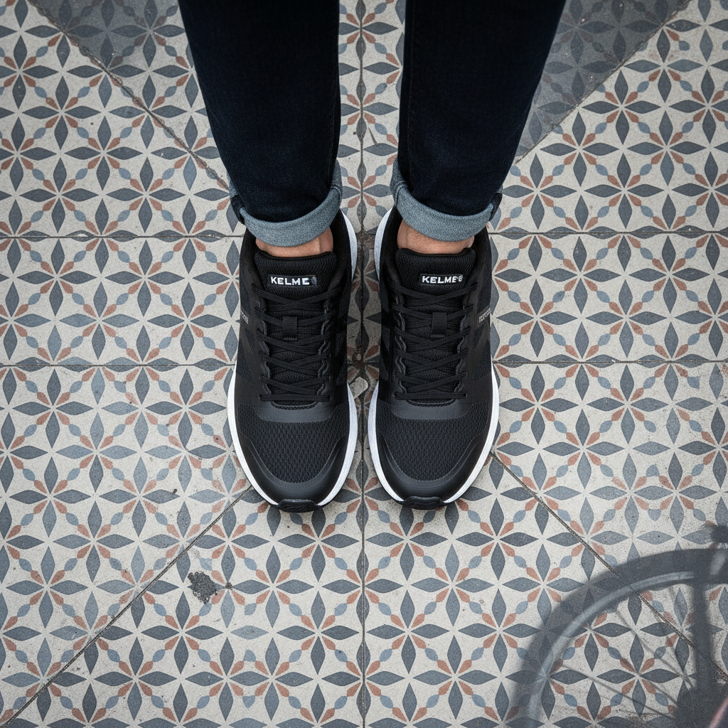 Zapatillas K-Rookie Negro en baldosa hidráulica vista cenital