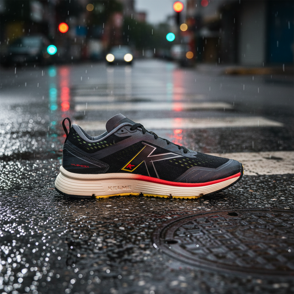 Zapatillas Kelme Valencia sobre asfalto húmedo tras la lluvia