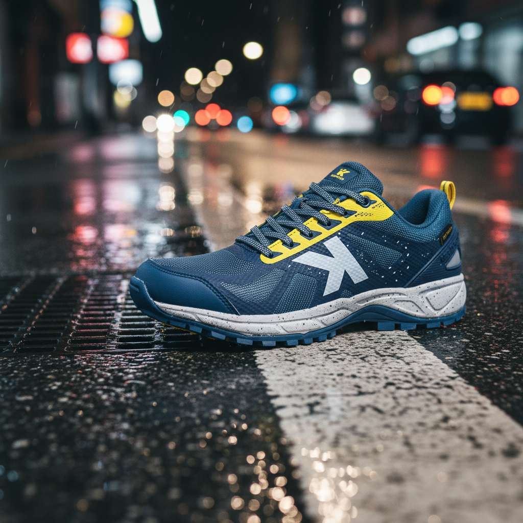 Zapatillas Running Track Marino sobre asfalto húmedo tras la lluvia