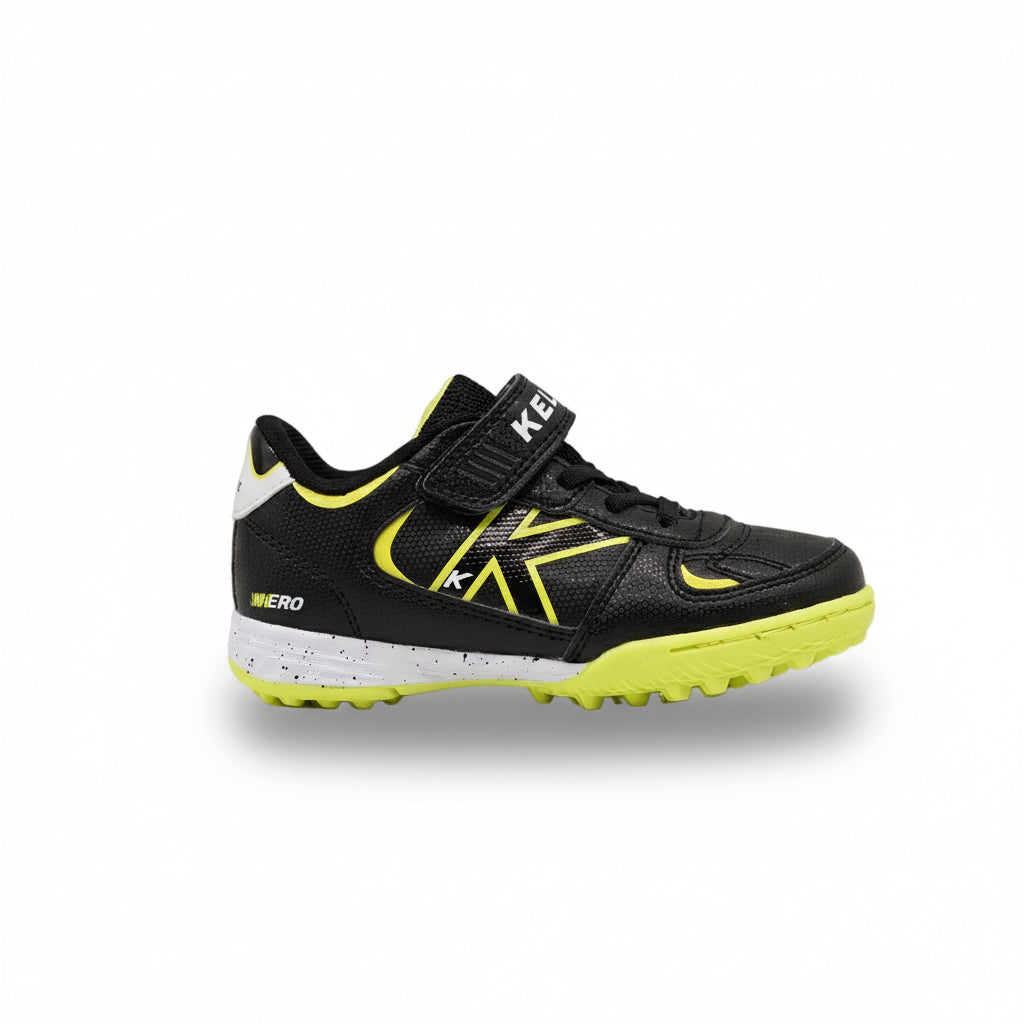BOTAS DE FÚTBOL DE NIÑO HERO TURF ELASTIC NEGRO-LIMA