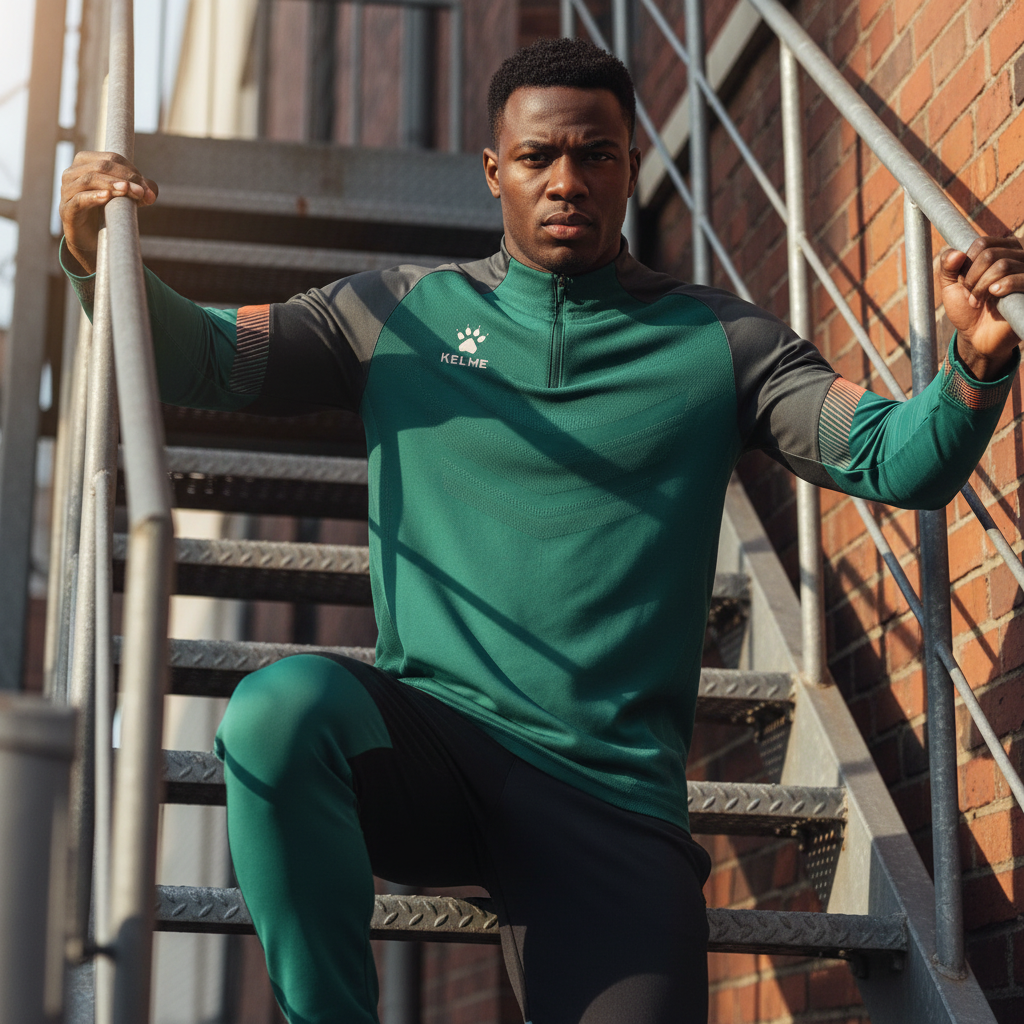 Sudadera KELME Warrior Verde en escalera metálica de emergencia