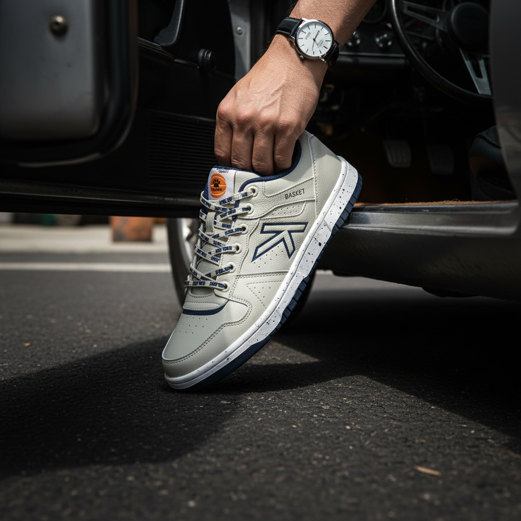 Zapatillas Retrobasket 2.0 saliendo de coche clásico