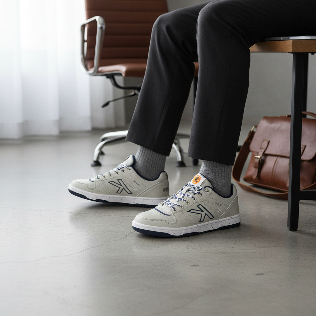 Zapatillas Retrobasket 2.0 en oficina loft con microcemento