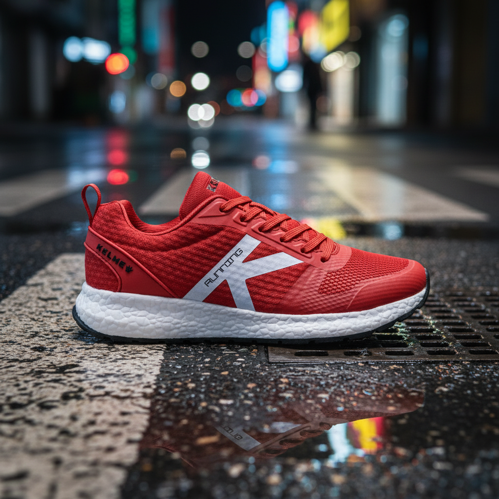 Zapatillas K-ROOKIE ROJO sobre asfalto húmedo con reflejos y luces de neón
