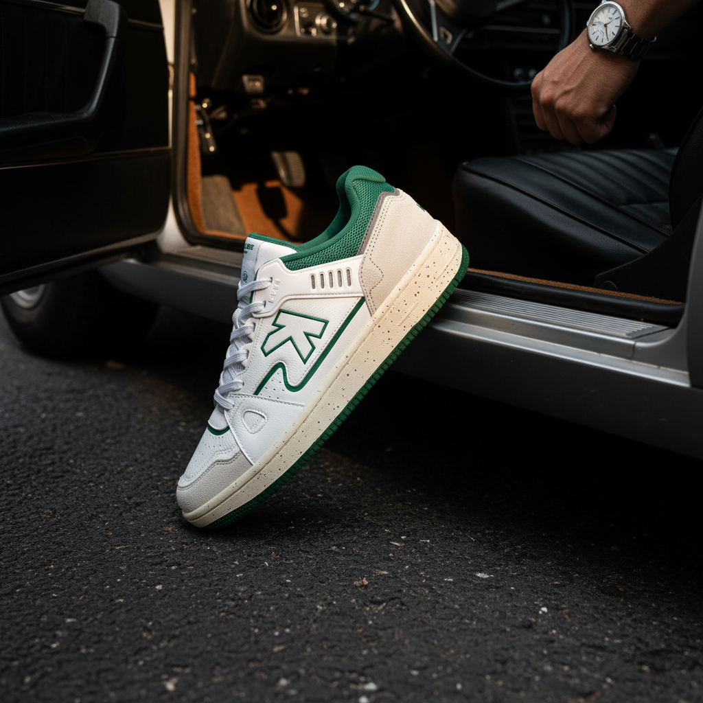 Zapatillas Kelme Doha Blanco saliendo de coche clásico