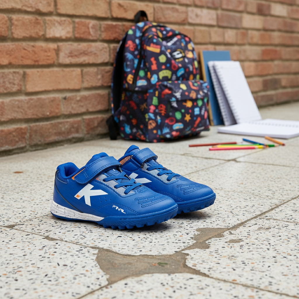 Zapatillas KELME Final Elastic Turf Azul en patio del colegio