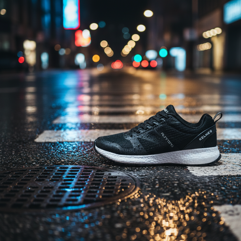 Zapatillas K-Rookie Negro en asfalto húmedo tras la lluvia