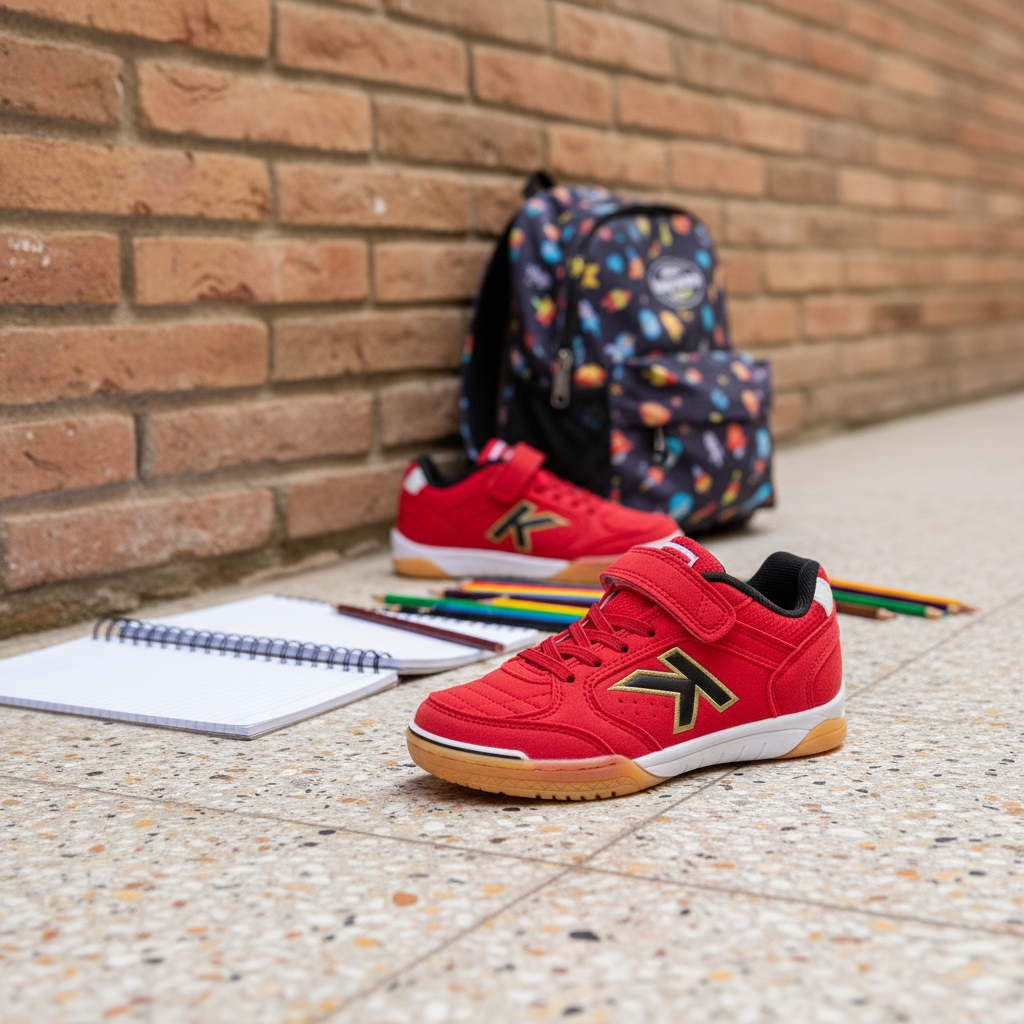 Zapatillas de fútbol sala Precision Elastic en patio de colegio con mochila y cuadernos
