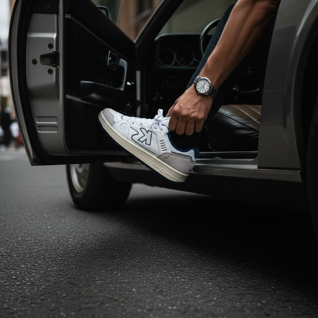 Zapatillas Casual Doha Blanco saliendo de coche clásico vintage