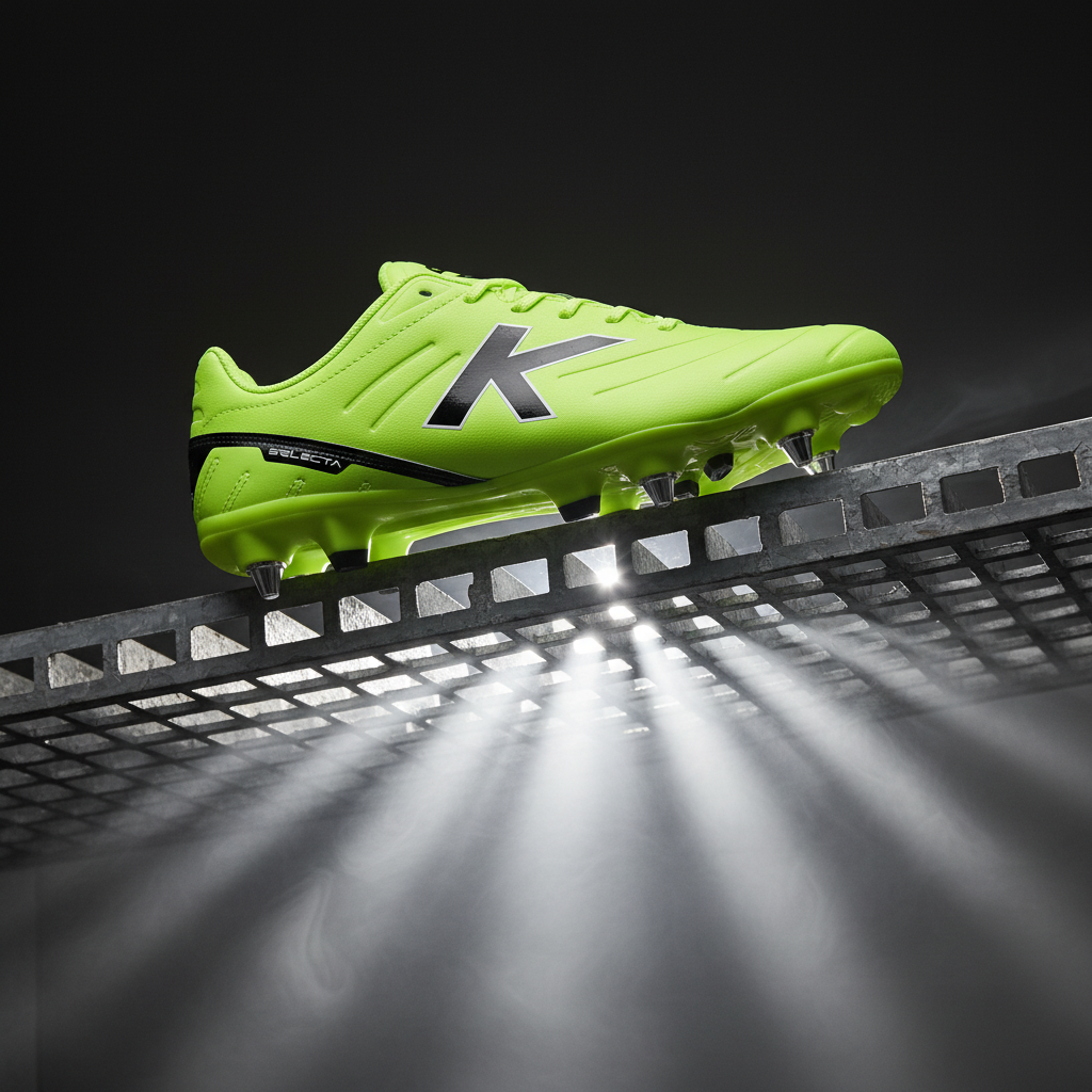 Botas de fútbol Selecta SG lima sobre rejilla metálica con iluminación inferior
