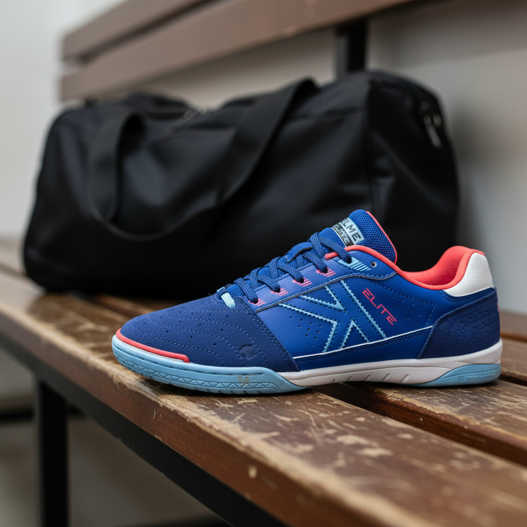 Zapatillas de fútbol sala Elite azul en banco de vestuario