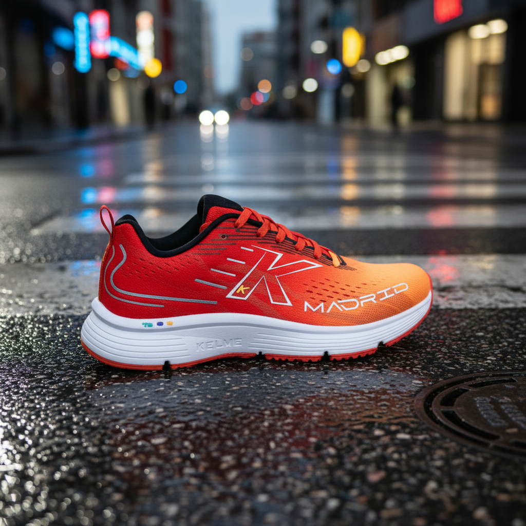 Zapatilla Kelme Madrid sobre asfalto húmedo nocturno