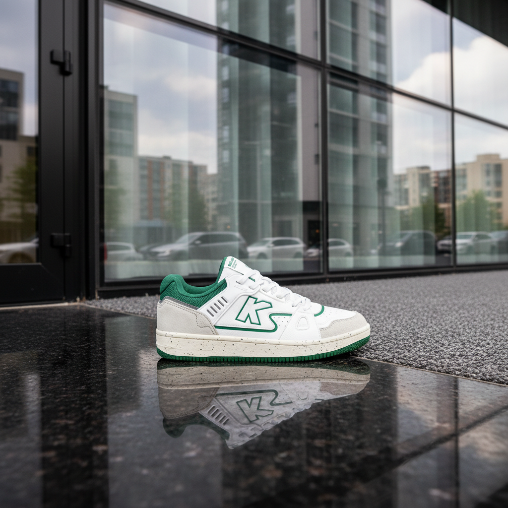 Zapatillas Kelme Doha Blanco en entrada de edificio moderno de vidrio