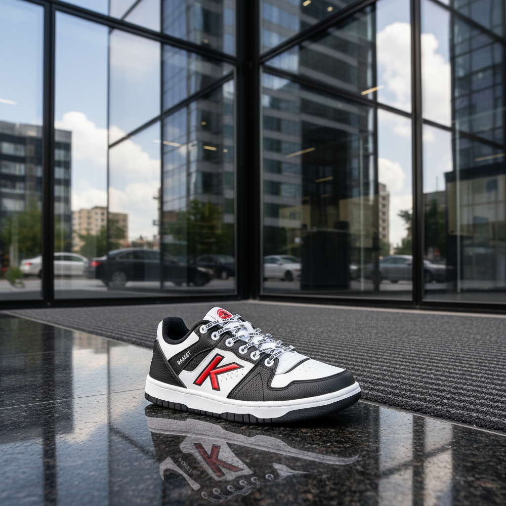 Zapatillas Retrobasket 2.0 en entrada de edificio moderno de vidrio